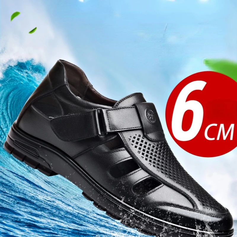 

Increase 8cm Elevator Sandals Men's Inner Height-increasing Shoe Male Leather Holes Hollowed Out Breathable Big Hole Sandals Men