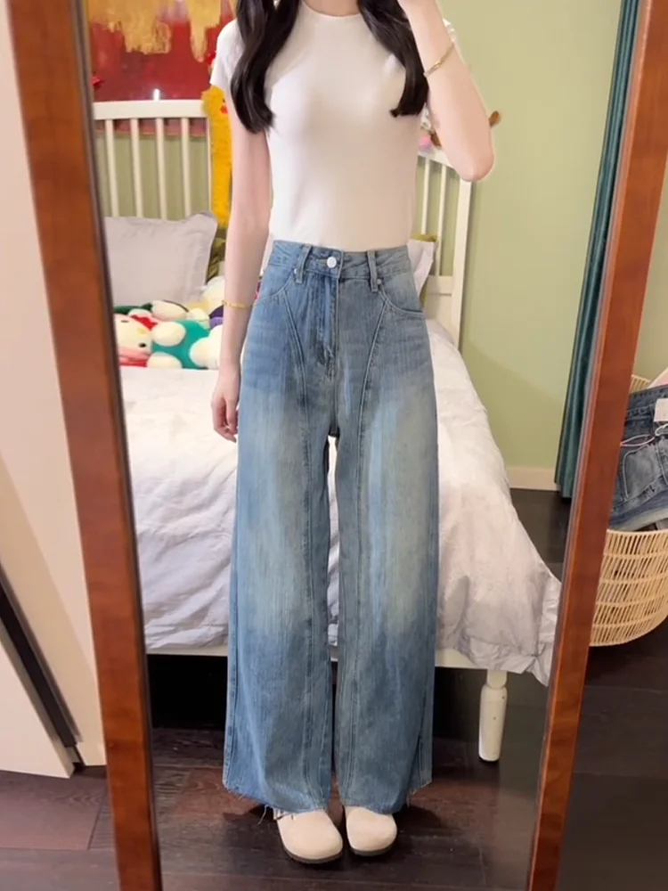 

American High Street Spicy Girl Frayed Design Wide Leg Jeans Women's Spring Summer New Loose Slim High Waist Jeans