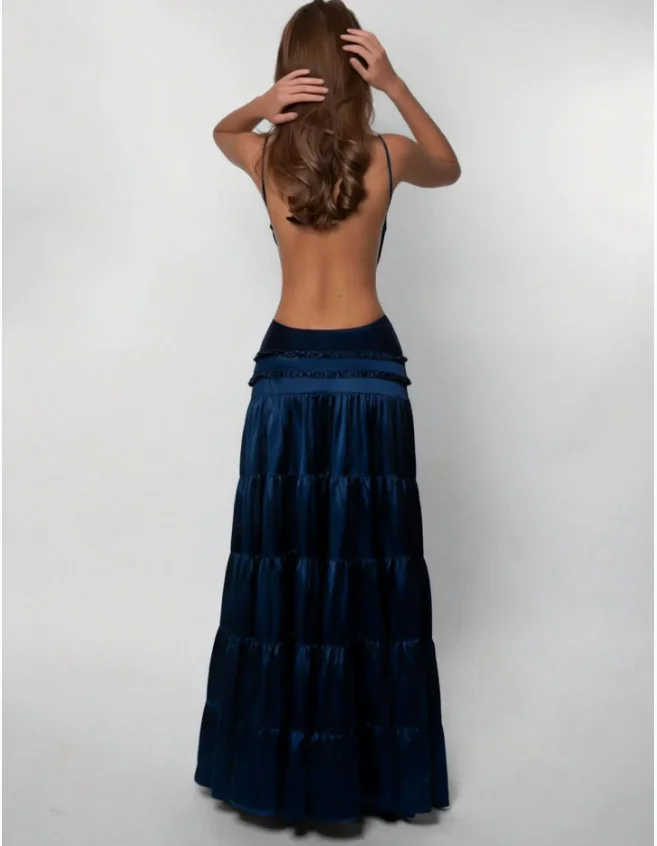 Rückenfreies Partykleid Blau V-Ausschnitt Rüschen Lang - alternate angle