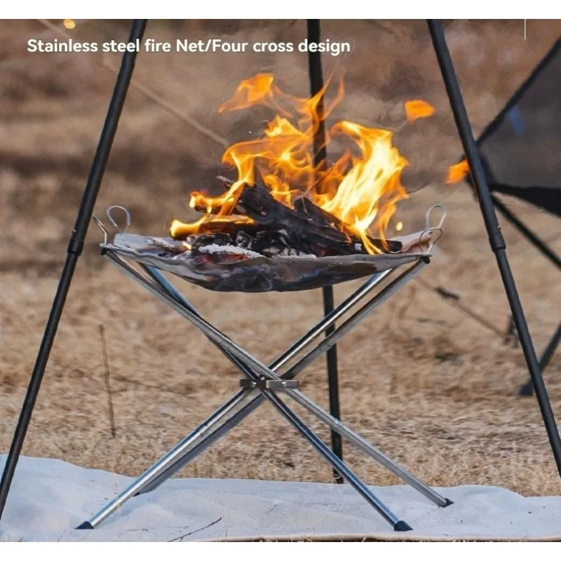 Tragbare Outdoor-Feuerstelle, zusammenklappbarer Feuerständer aus Stahlgeflecht mit Tragetasche, Camping-Holzheizungszubehör