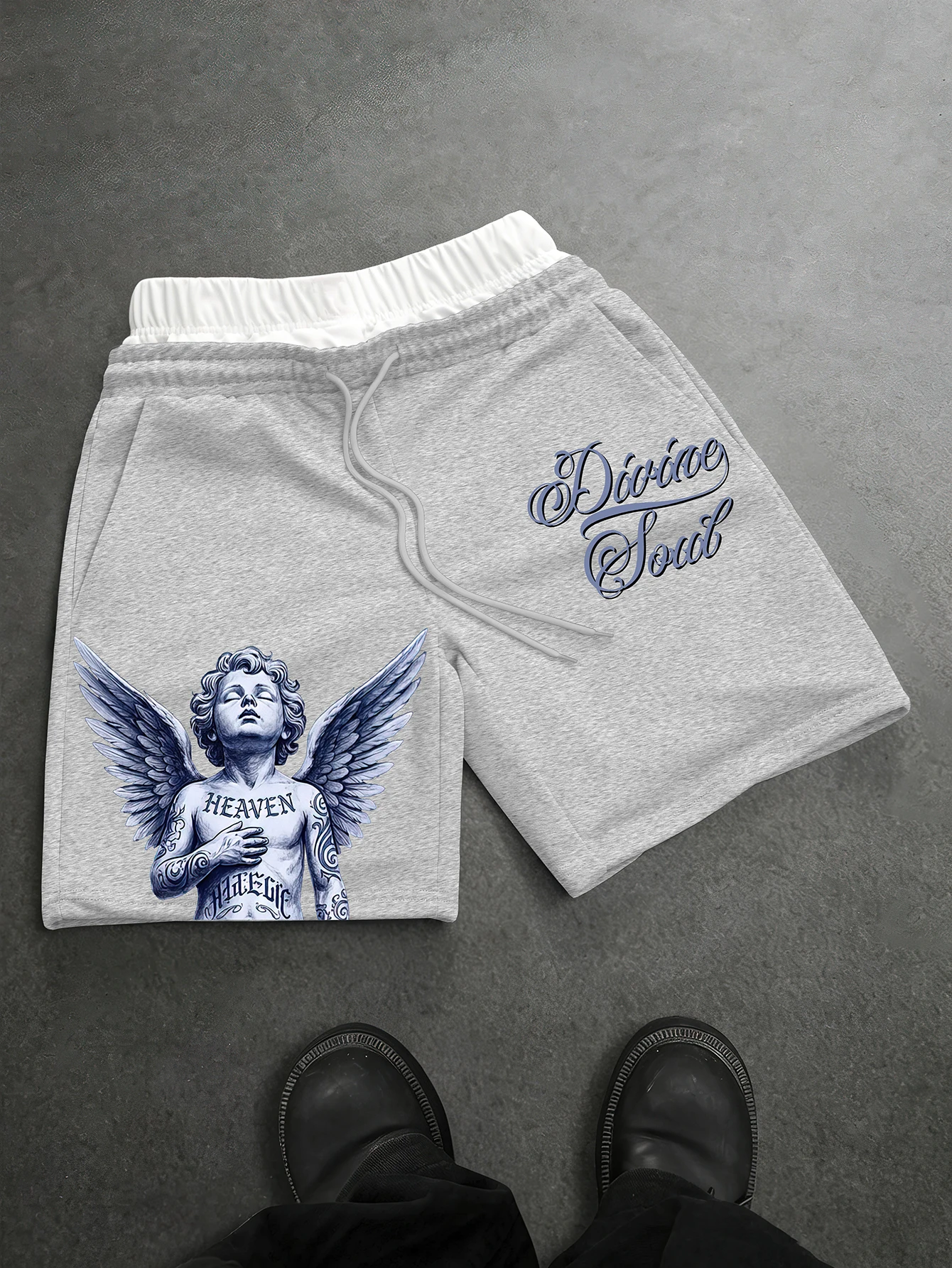 Men's Oversized Streetwear Shorts Brand Divine Soul Tattoo Angel Print Polyester Gray Double Waistband Casual Shorts S-2XL