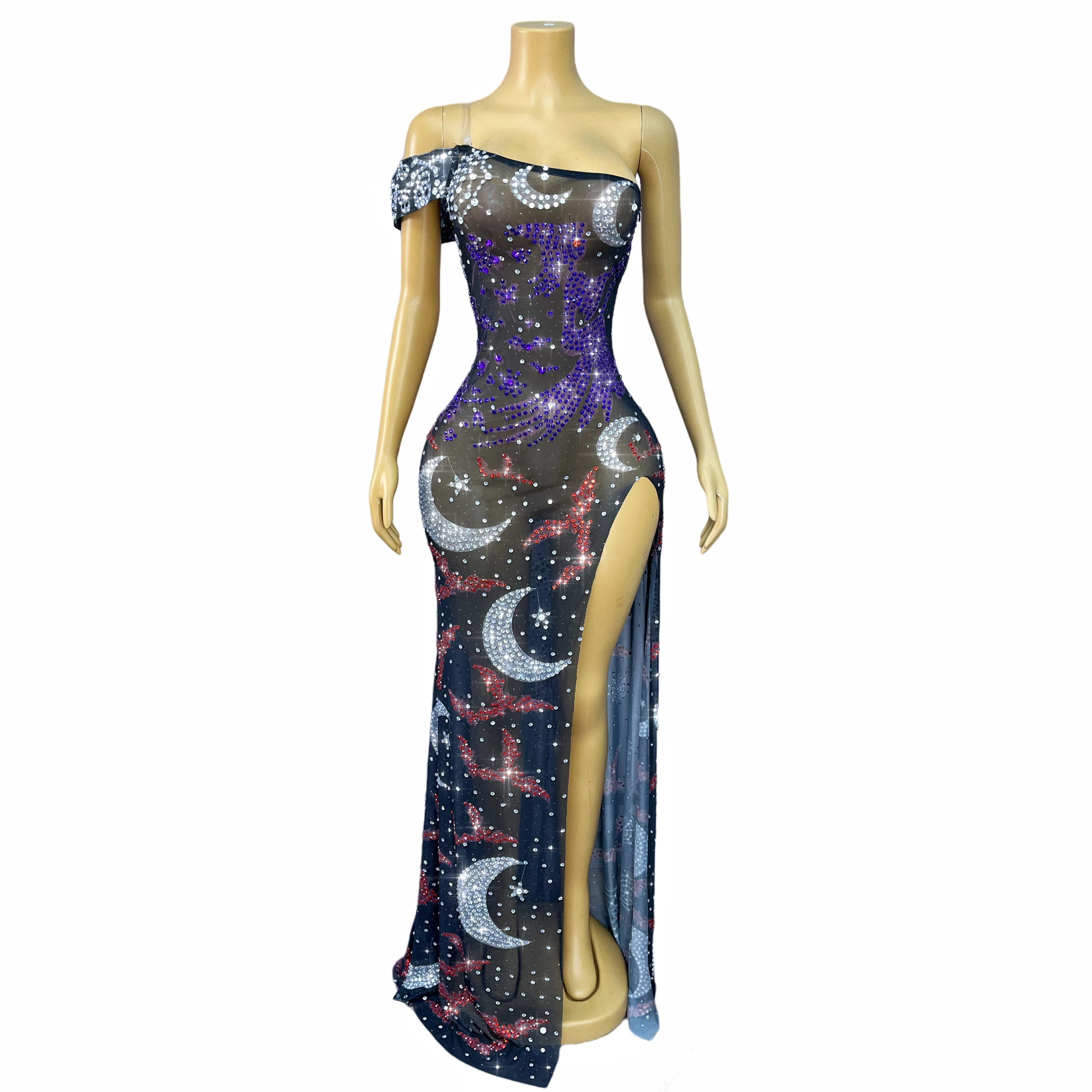 Robe d'halloween avec strass brillants, épaules dénudées, fente haute, robe de soirée, spectacle, tenue de spectacle sur scène, Nvwu, nouvelle collection