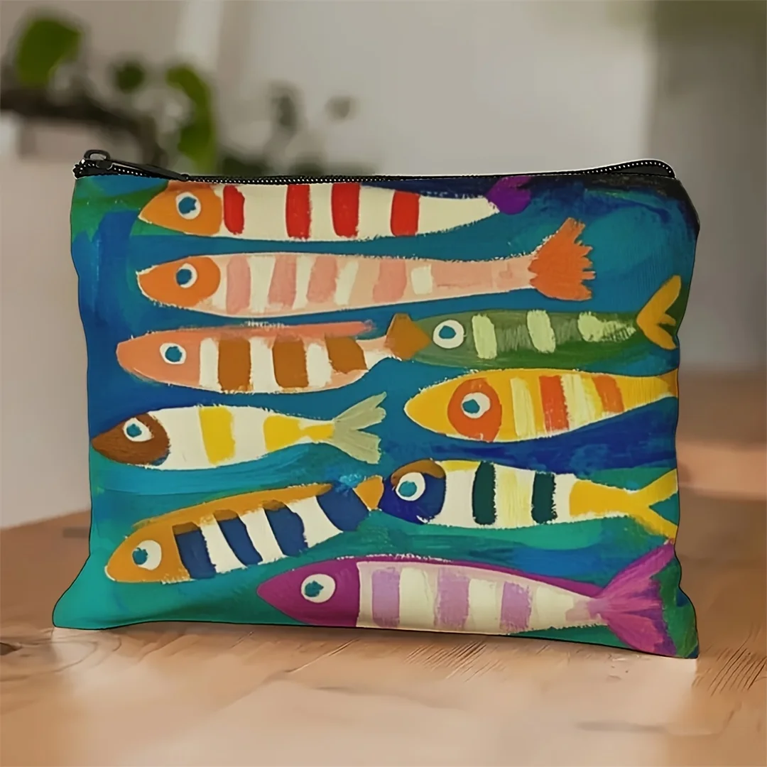 1pc Vintage Sardines Pattern Makeup Bag - Vibrant Mixed Colors, Durable Fabric Travel Makeup Storage Bag