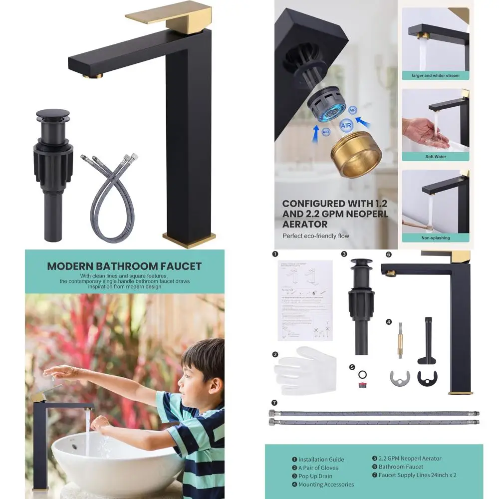 

Black and Gold Single Handle Tall Bathroom Sink Faucet with Pop-Up Drain and Supply Lines