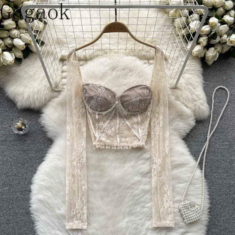 Gagaok Lace Embroidery Sexy Blouse Women Square Neck Long Sleeve Elastic Waist Elegant Lady Fashion Spring Short Tops