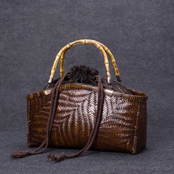 Exact Luxury Original Bamboo Woven Bag Women's Handbags Summer Beach Straw Bags Designer Tea Ceremony Tea Set Storage Tote Bag