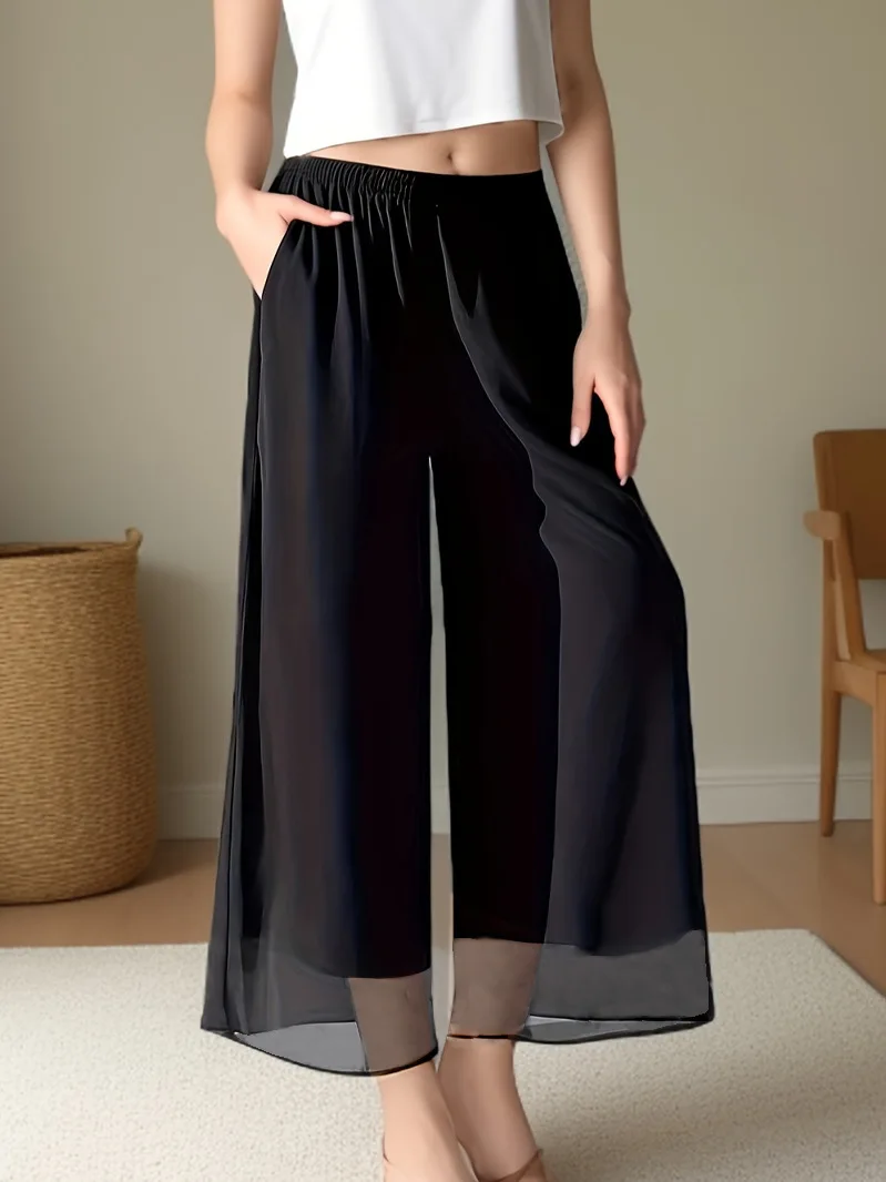 

Women Fashion Solid Straight Pants Elegant Mesh Splicing High Elastic Waist Female Chic Lady Trousers Casual Women's Clothing