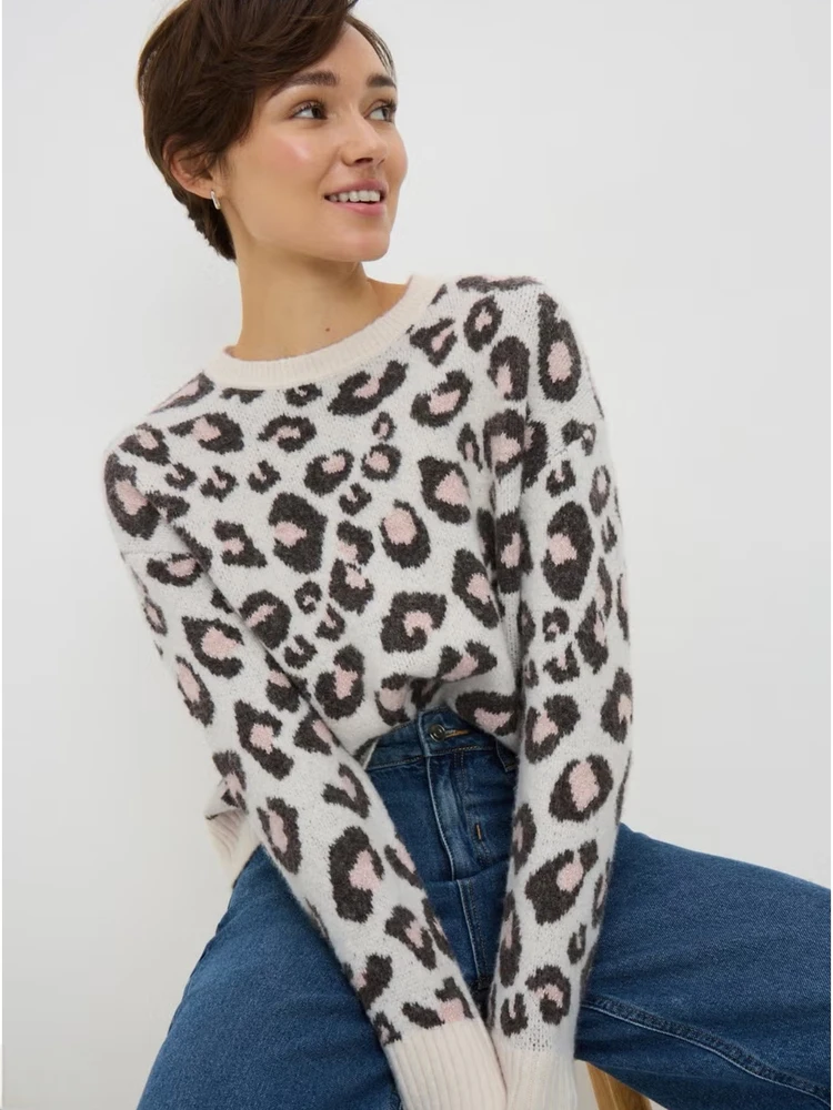 

Retro Leopard Print round Ne Pullover Sweater Women's Loose Faionable Knitted irt New Arrival Winter Long Sve Casual...
