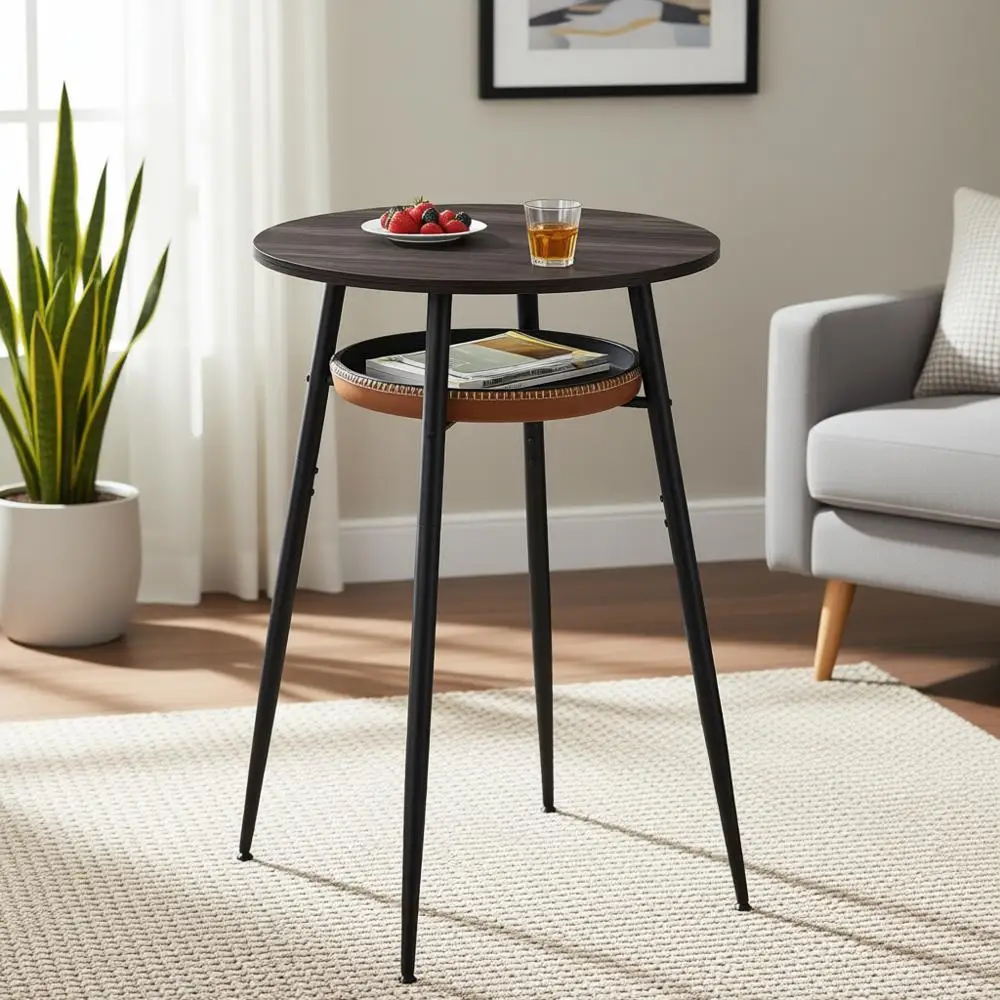 

Круглый высокий стол для бара с местом для хранения, из искусственной кожи, современный, для кухни, домашнего бара, гостиной, простая сборка, цвет: ясеневый коричневый и Cael Br.