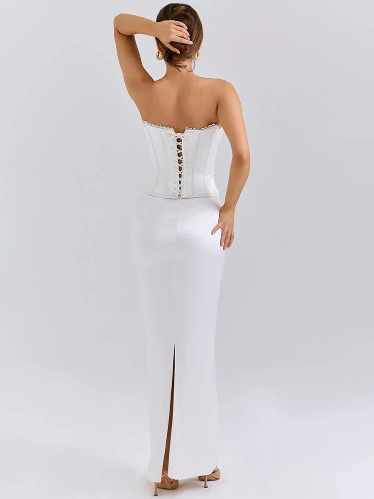 Satin Off-shoulder Backless Sexy Maxi Dress Women Fashion White Strapless Sleeveless Back Split Club Party Long Dress