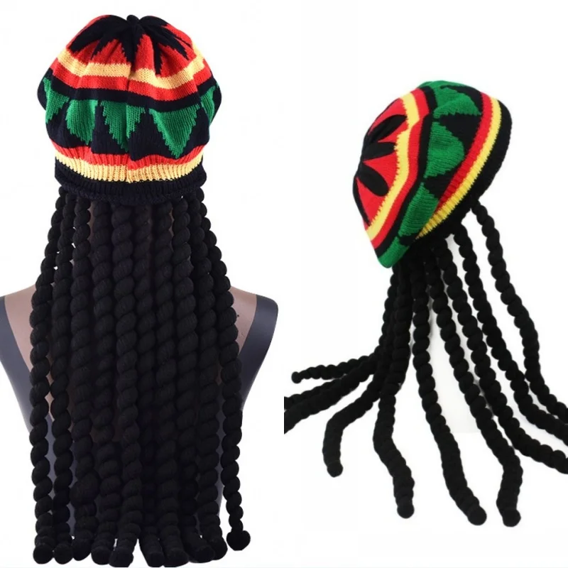 Unisex Knit Braid Hat Jamaican Bob Rasta Beanie Cap Hip Hop Cap Men Dreadlocks Wig Bob Marley Caribbean Fancy Dress Up Headwear