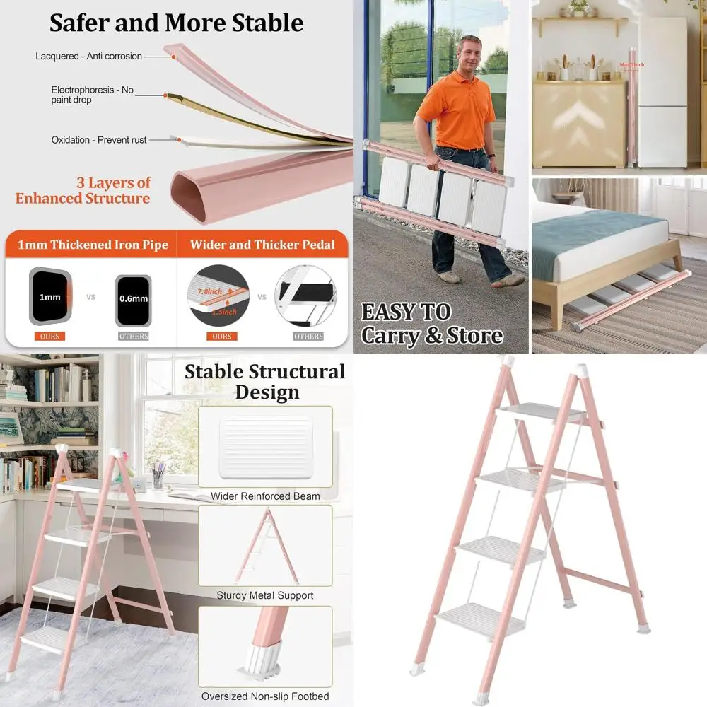 سلم محمول قابل للطي مع مشطات مضادة للانزلاق، إطار فولاذي متين، مثالي للمنزل والمكتب، وردي وأبيض