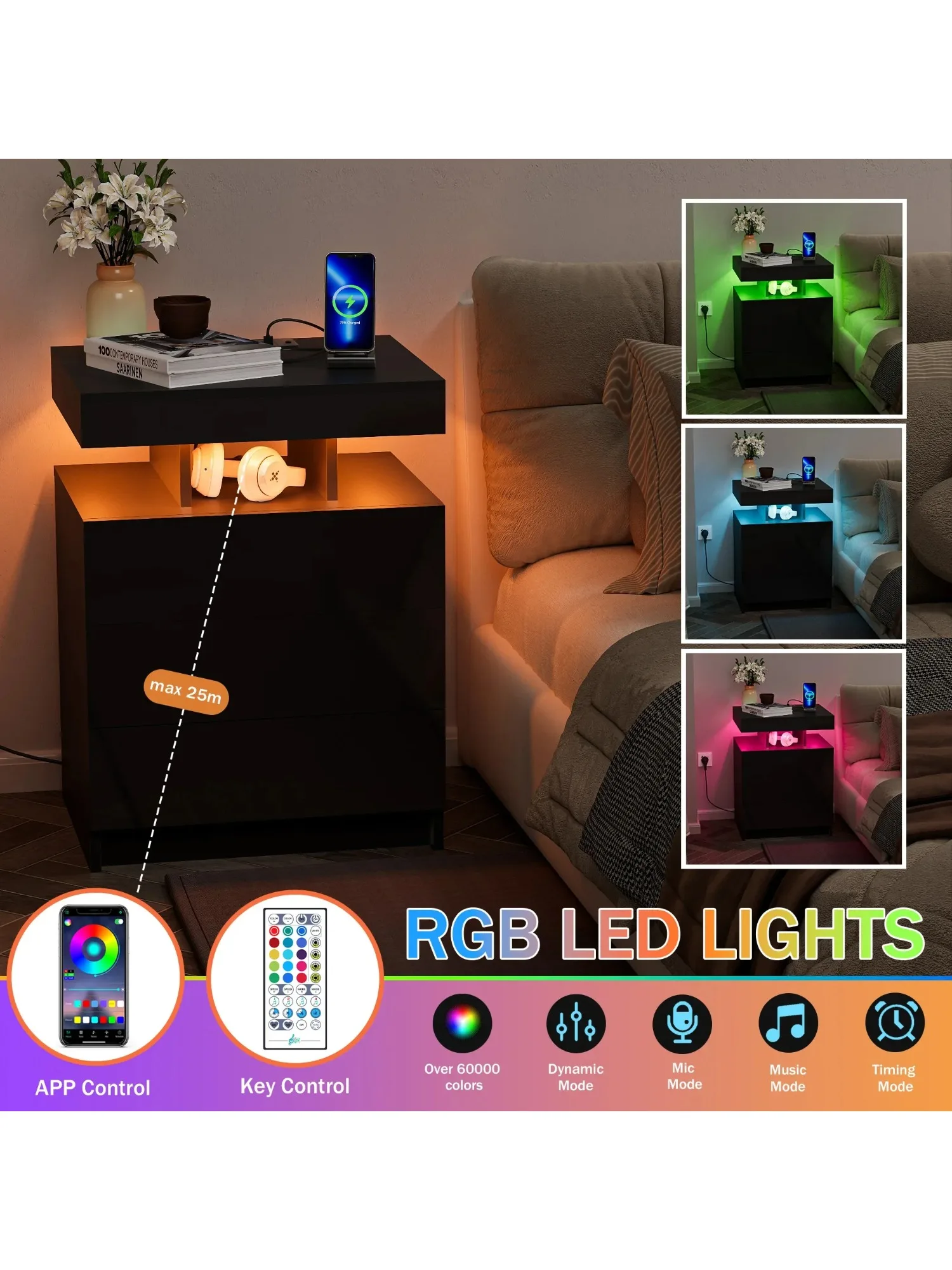 Tall Bedside Nightstand Multiple Storage Drawers LED Lighting Sideboard USB Type C Charging Station for Bedroom Home Furniture