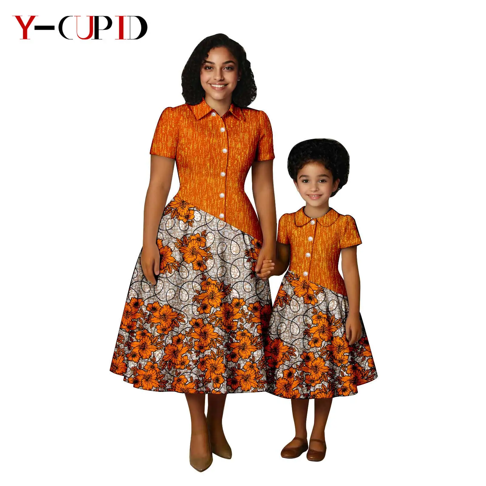 

African Print Bud Dresses for Women Girls Dashiki Mother Daughter Outfits Vestidos Family Clothes Short Sleeve Dress 25F030