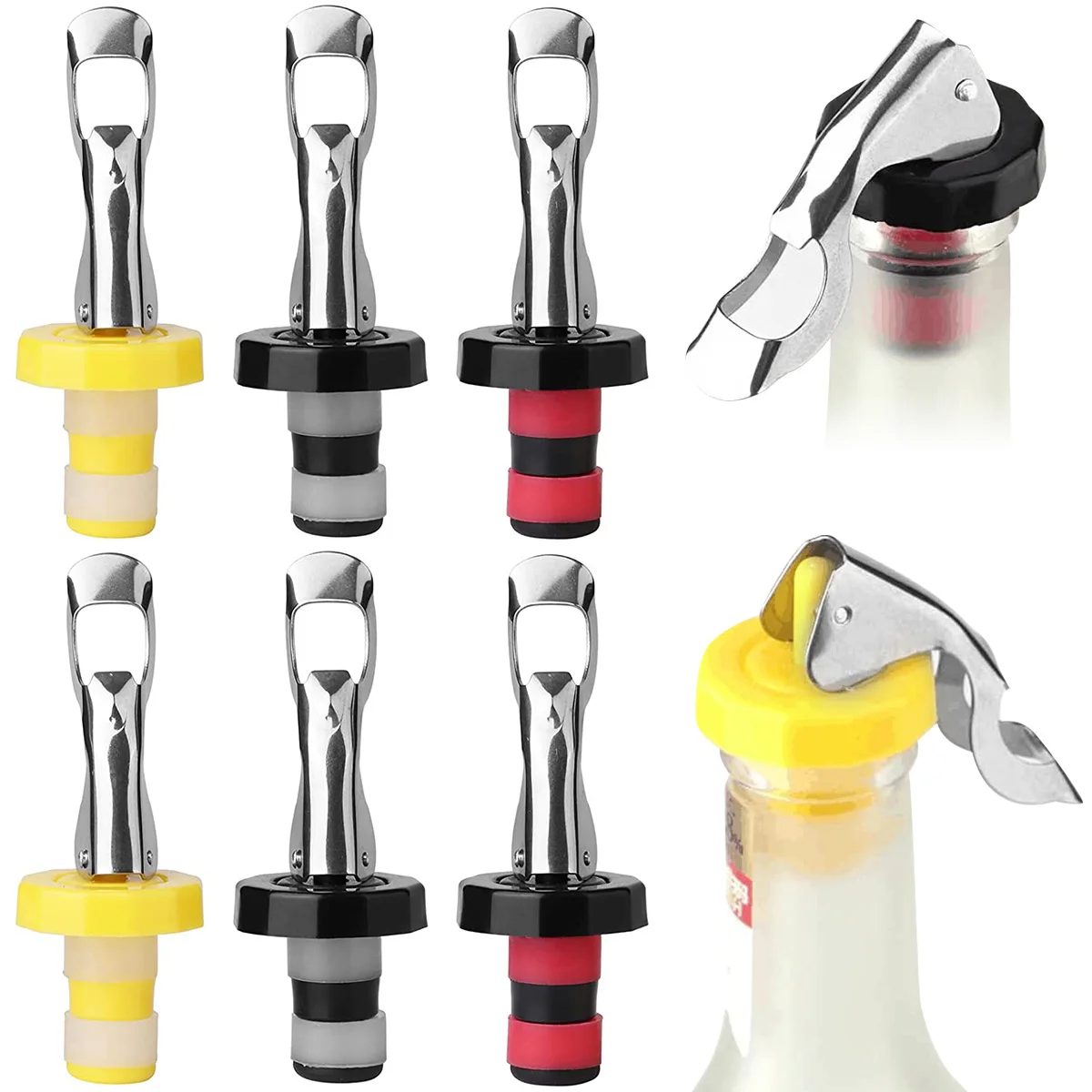 Image of 6 Stück Wiederverwendbare Weinflaschenverschlüsse aus Kunststoff, Vakuum-Flaschenstopper, Manuell Expandierender Getränkeflaschenverschluss, Weinflaschen-Dichtungskorken