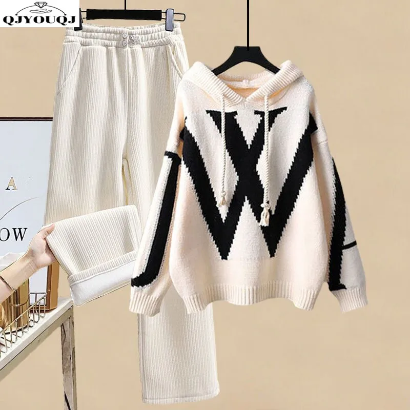 Autumn and winter new women\'s set fashionable hooded knitted sweater+casual wide leg pants two-piece set trendy