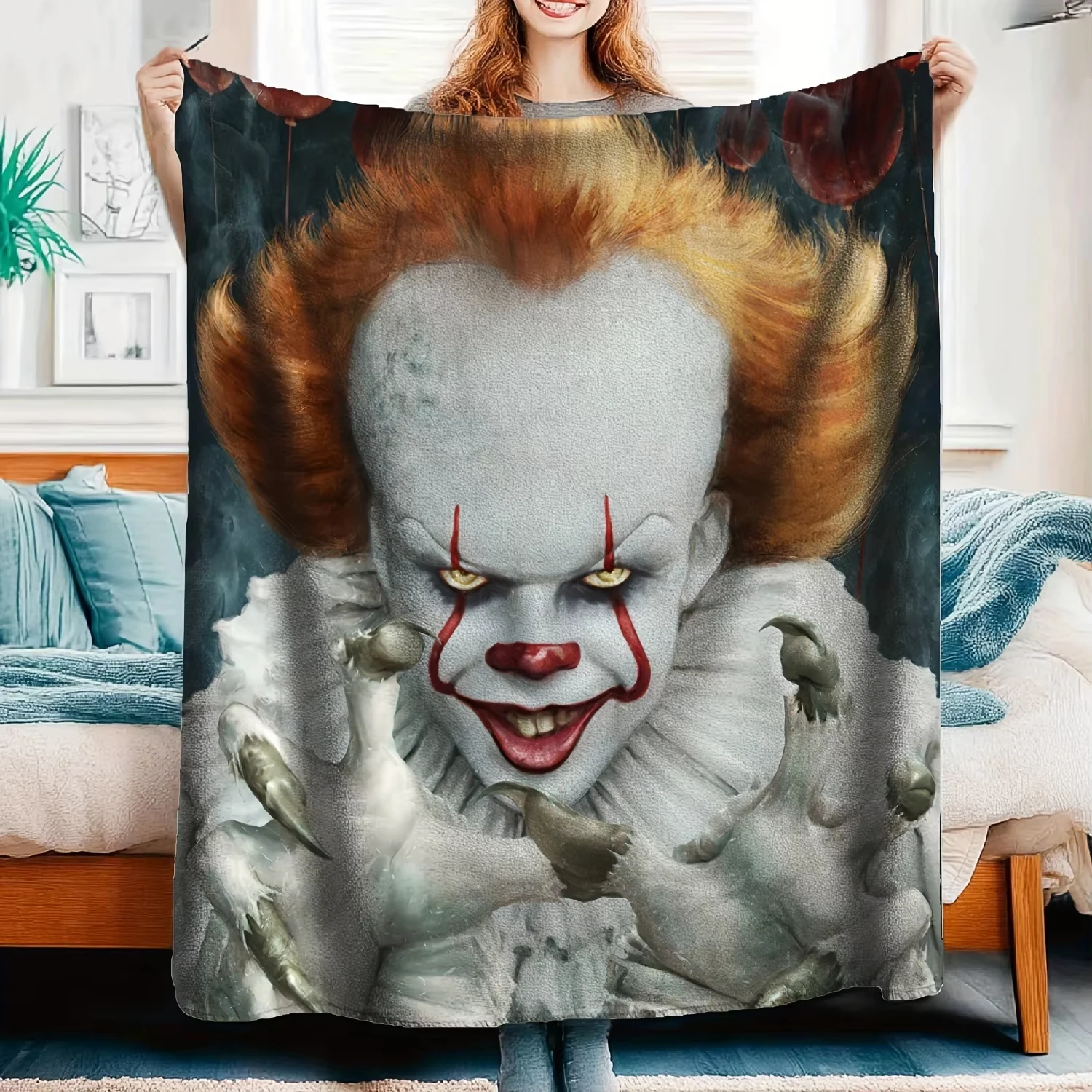 VIKAMA مهرج يعود Pennywise غطاء مخيف بطانية Redhead مهرج الدم الملون مبتسم بالون أحمر داكن بطانية حفلة الهالوين