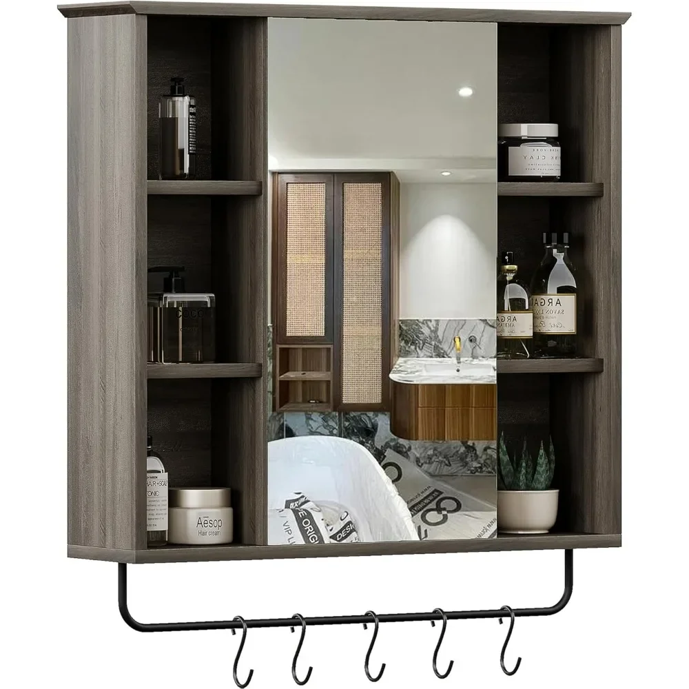 

Wall mounted bathroom storage cabinet with mirror door, detachable shelf and 6 open shelves, gray