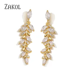 ZAKOL Charm Gold Color Leaf Earrings for Women Exquisite Tiny Zirconia Dangle Earring Elegant Korean Crystal Wedding  Jewelry