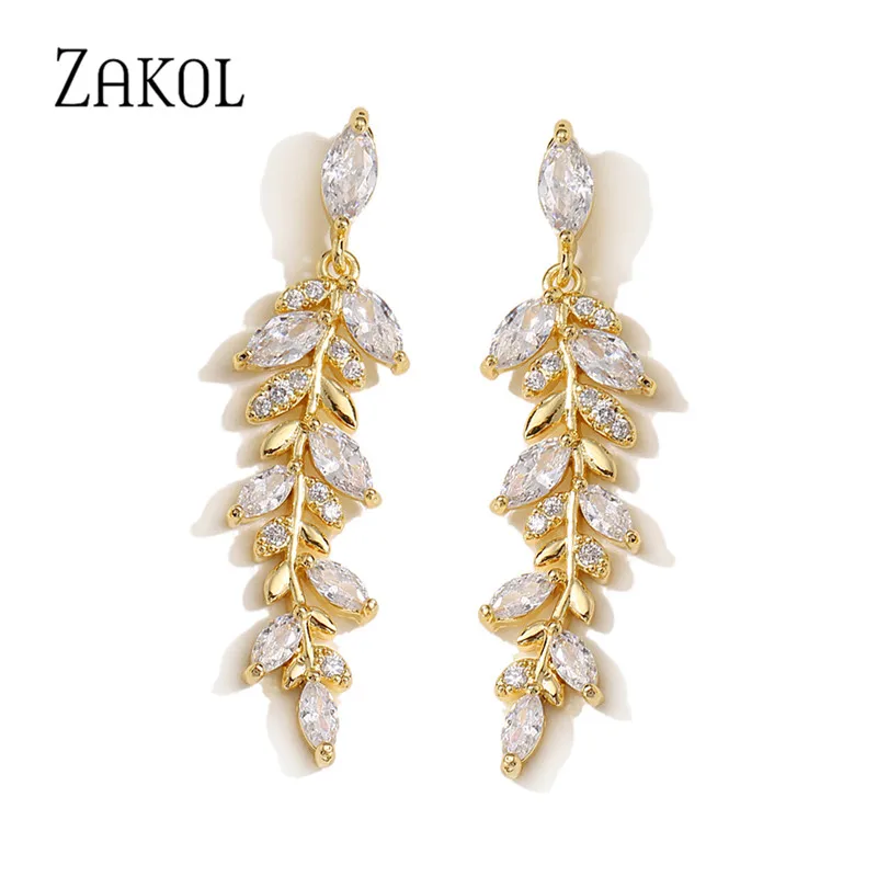 ZAKOL Charm kolczyki w kształcie liści w kolorze złotym dla kobiet wykwintne małe cyrkonie zwisają kolczyki elegancka koreańska kryształowa biżuteria ślubna