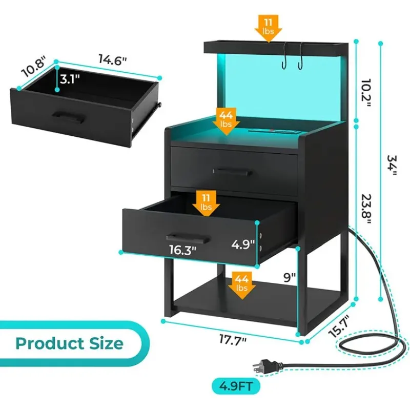 Modern Style Durable Wooden Smart Bedside Table with 2 Drawers and Open Storage Shelves and Charging Station for Bedroom