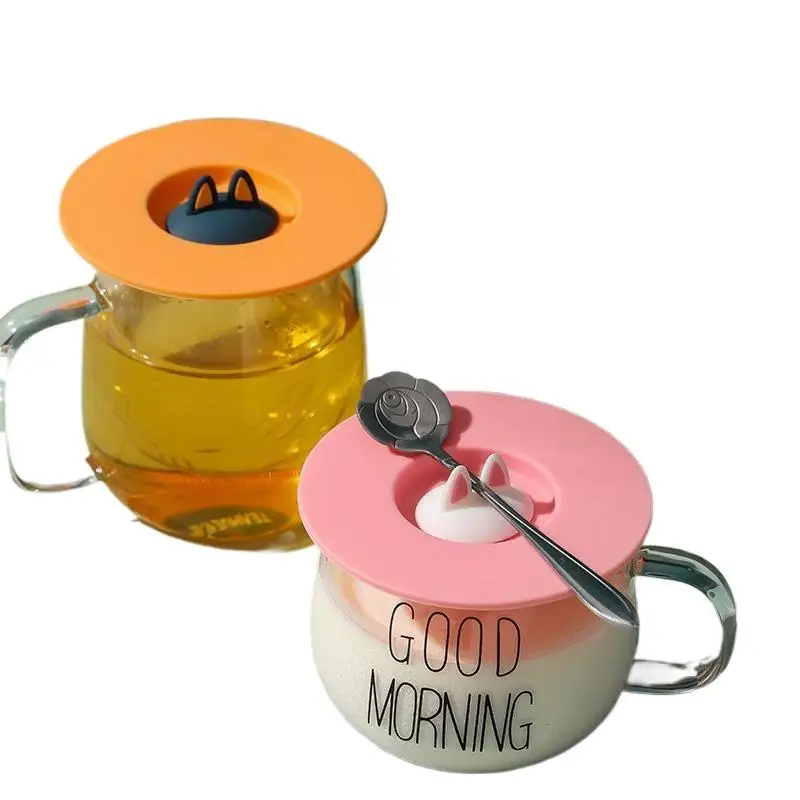 Cute Cat Ear Silicone Cup Lid Dust Proof Round Mug Cover Reusable Cup Topper Seal Drinkware for Home Kitchen Kitchen Tool