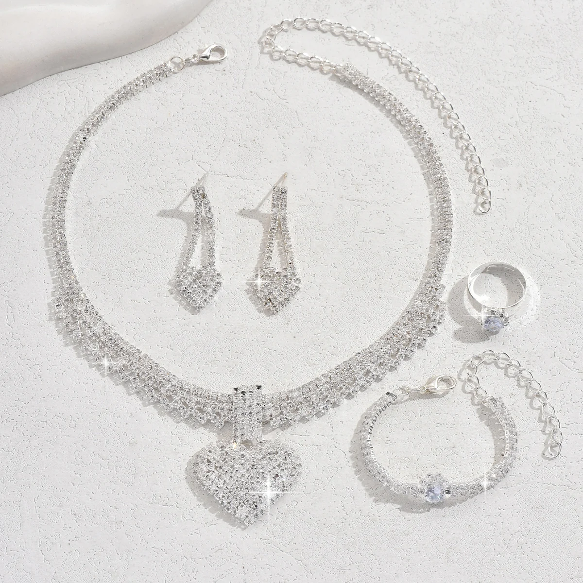 5 قطع أزياء المرأة الخوخ القلب قلادة، أقراط، أساور، خواتم، مجموعة مجوهرات مناسبة لحفلات الزفاف، الحفلات، هدايا المهرجان