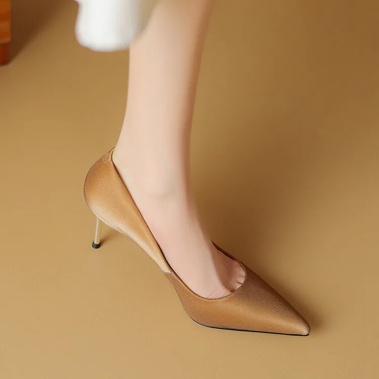 Chic Design Shallow Women Pumps Light Coffee Leather Sexy Iron Thin High Heels Black Office Working Stilettos Fashion Sapatos