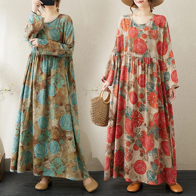 

Платье свободного кроя с длинным рукавом и круглым вырезом из хлопково-льняной смеси, больших размеров, в нежном стиле, для праздников, из полиэфирной марлевой ткани