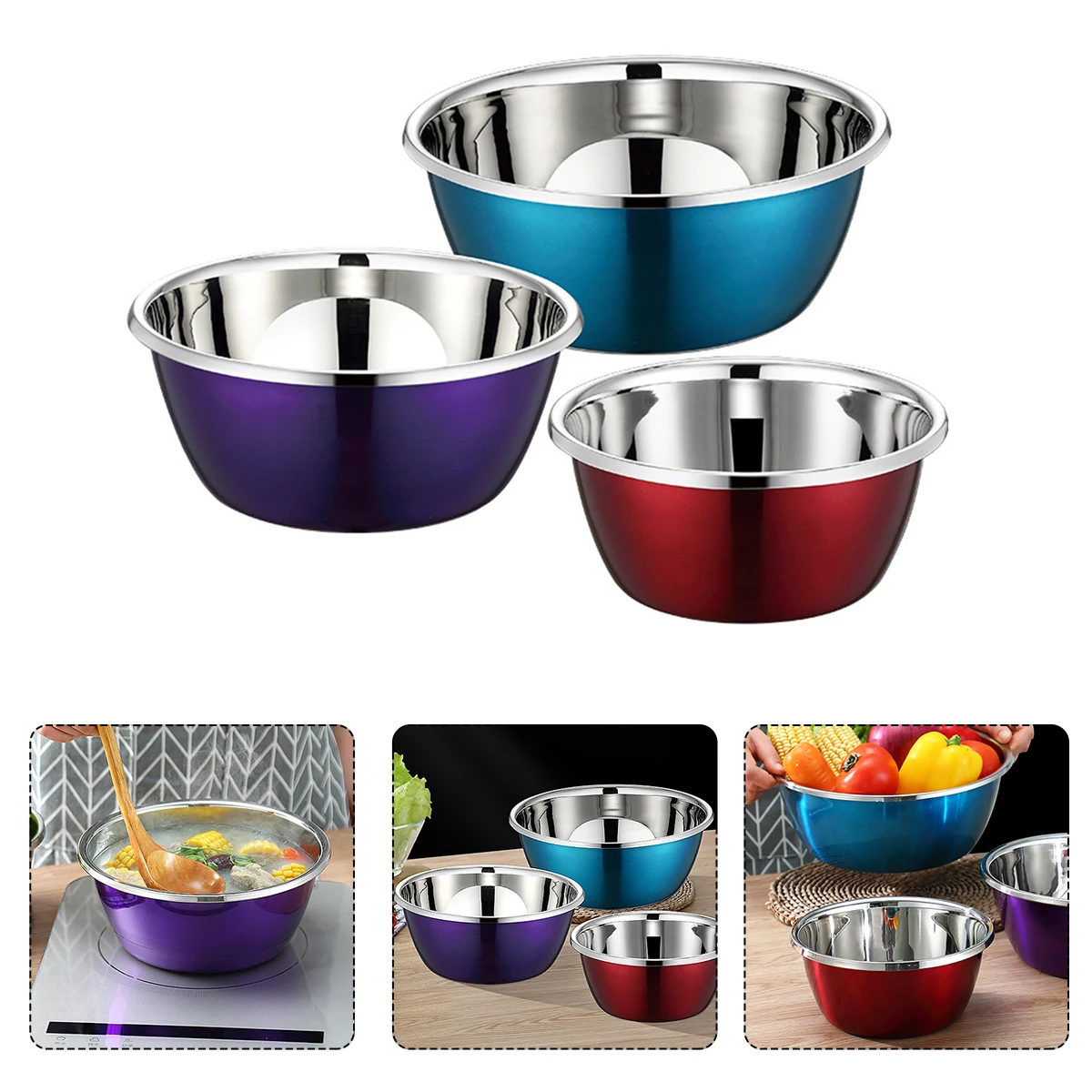 

3 Pcs Stainless Steel Mixing Bowls Kitchen Bakery Food Prep Storage Containers Different Capacity Nesting