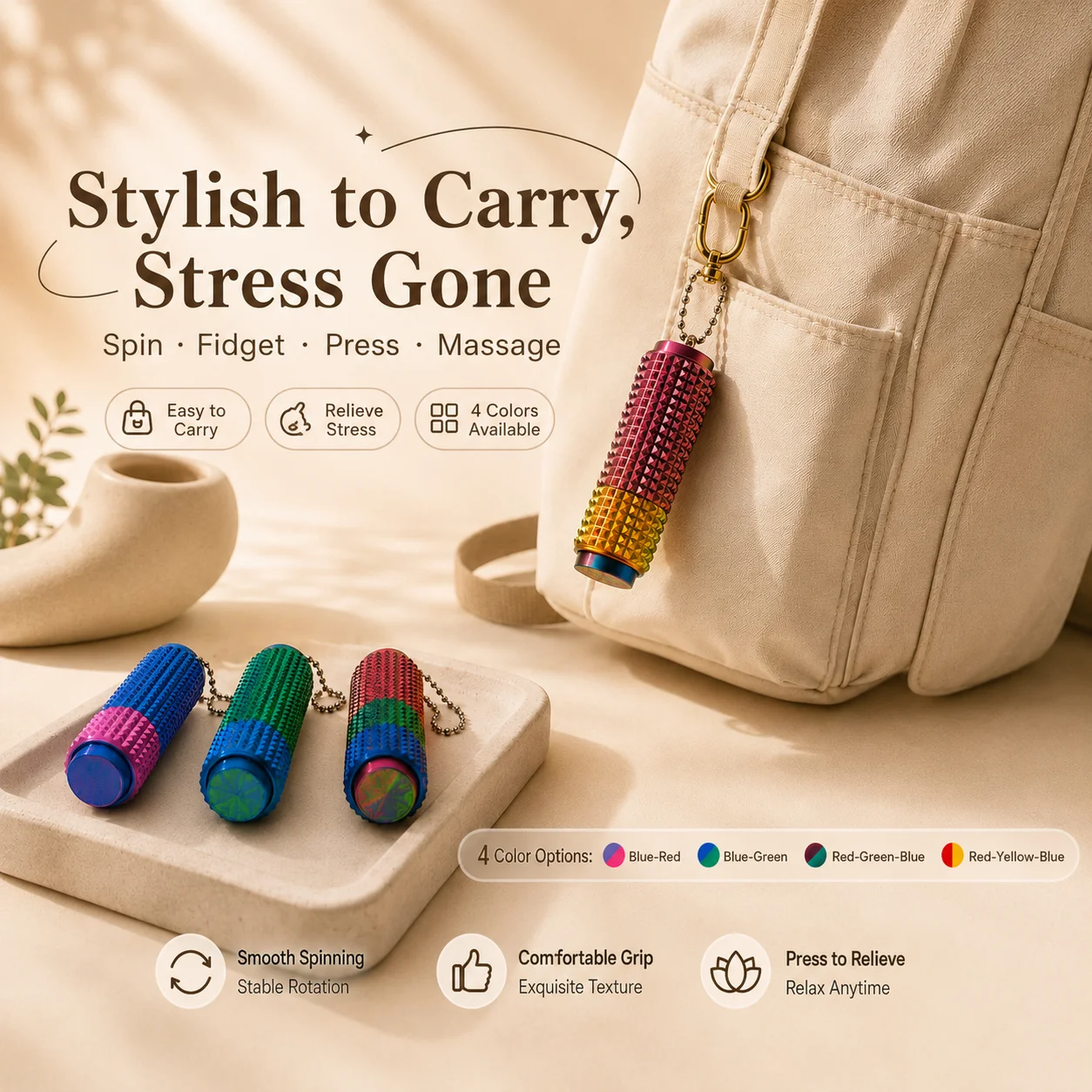 Textured Spinning Massage Keychain, portable bump cylinder ornament for hand stress relief
