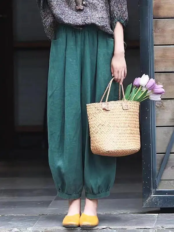 Leichte Taille-Leinen-Laternenhose, lässige, lockere Passform, neunteilige Hose, künstlerische Hose, bequeme hohe Taille, dünnes Modell