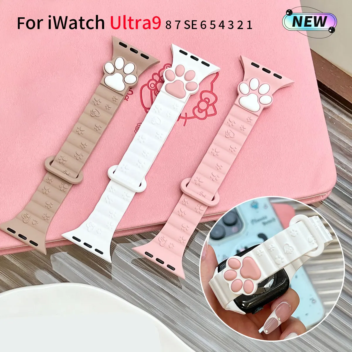 Cute Stereoscopic Cat Claw strap for Apple Watch Model iwatch Series 9 Ultra Magnetic Silicone strap 87654 3-2 SE