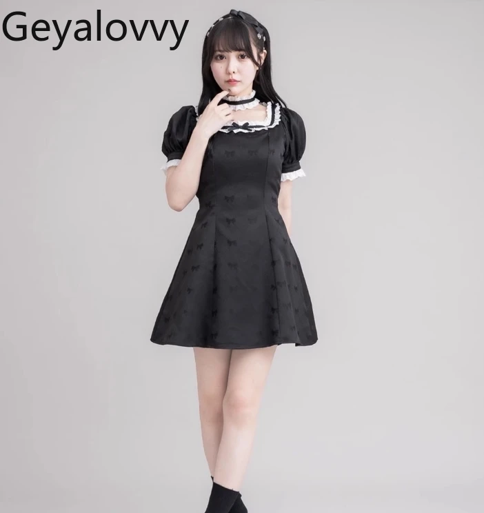 

Japanese Style Women's Casual Dresses Cute Girl Lace Color Matching Satin Bow Jacquard Cute Short Sleeve Dress Summer