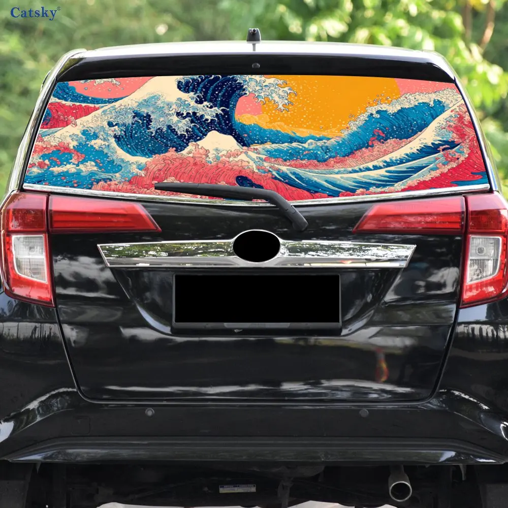 Bunte The Great Wave Ukiyo-e Art PVC-perforierte Auto-Vinylfolien, langlebiger Auto-Heckscheibenaufkleber, wasserdichter Auto-Heckwin