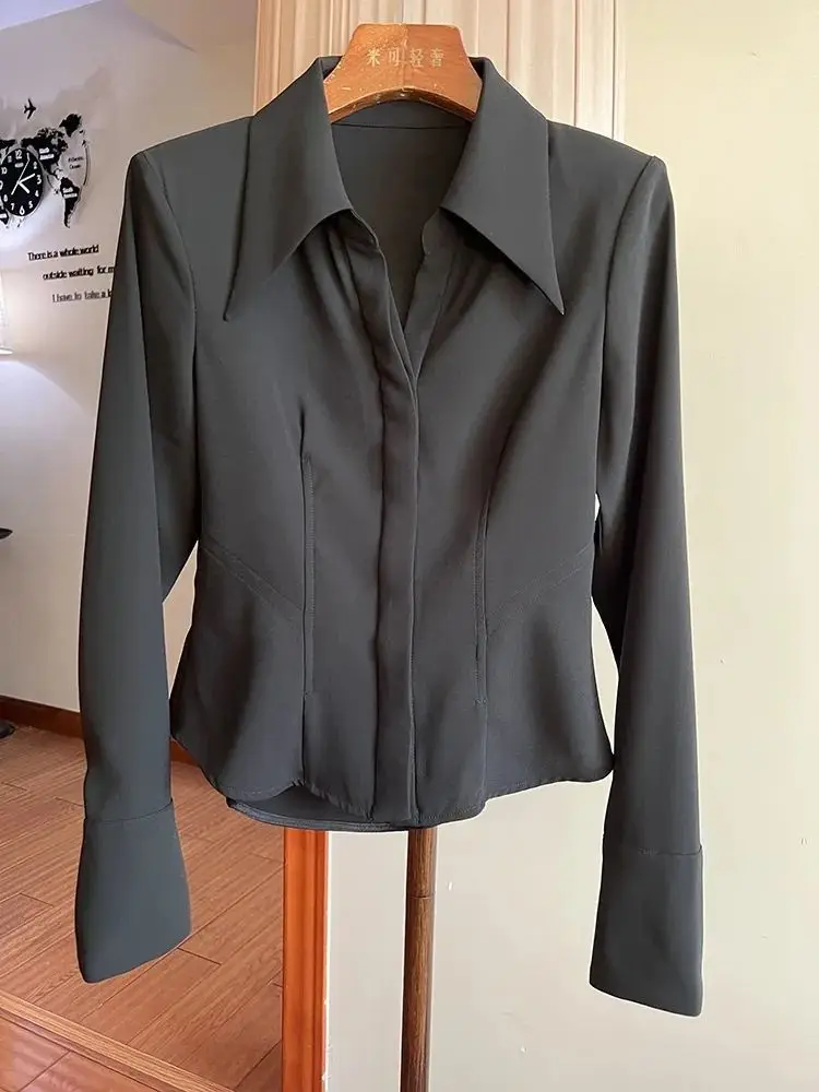 

Slim Fit Japanese Sle Women's irt Early Autumn New Pure Color Top Versatile Outerwear High End Feeling Collar Long S...