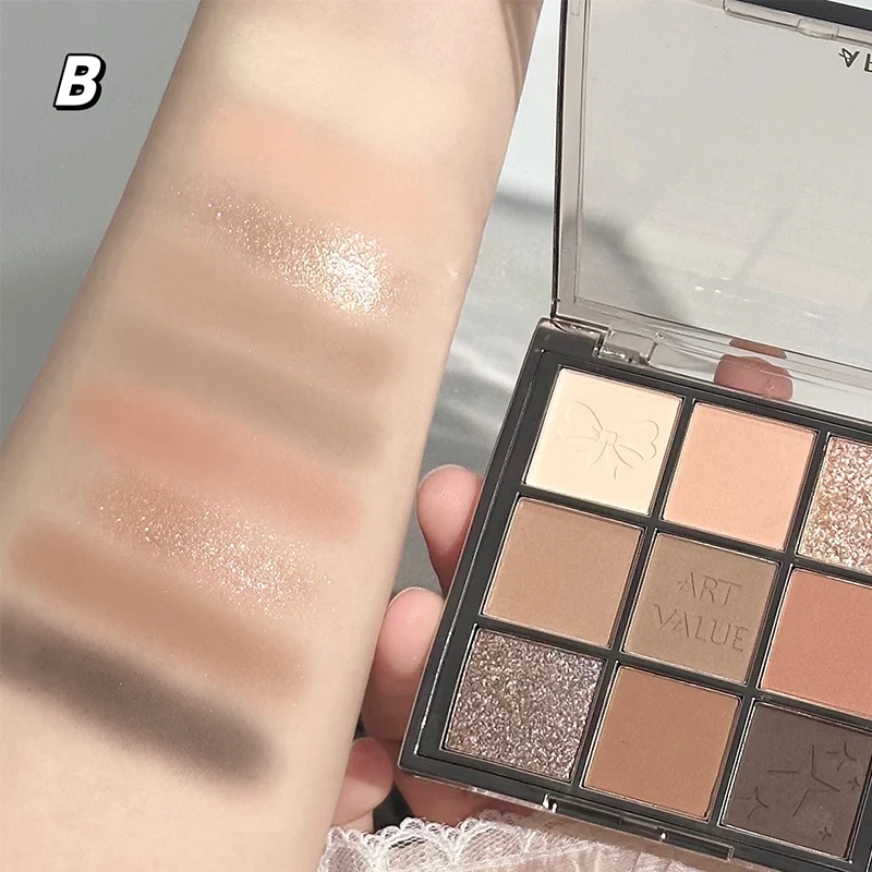 9 色のアイシャドウ パレット オレンジ ブラウン マット アイシャドウ グリッター シャイニー アイシャドウ ハイライター 長期的な目メイクアップ