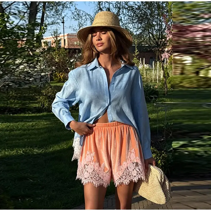High Street Mint Green Velvet Shorts With Patchwork Lace Trim Paneled Elastic Waist Trousers Women Chic Edgy 2026 Summer Outfits