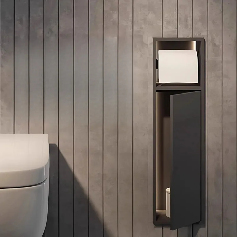 فرشاة تواليت من الفولاذ المقاوم للصدأ 304، مساحة تخزين مدمجة في الحمام مع باب، حامل ورق تواليت مخفي