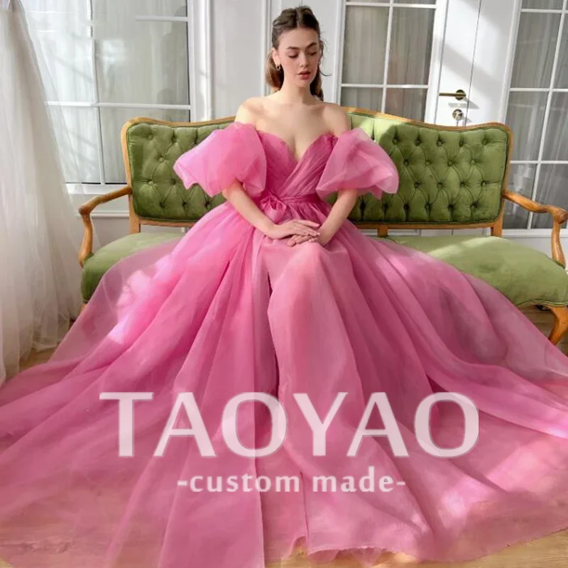 

Hot Pink Sweetheart Prom Dresses A Line Short Puff Sleeves High Slit Formal Organza Evening Gowns Lacing Up Back Girl Party Robe