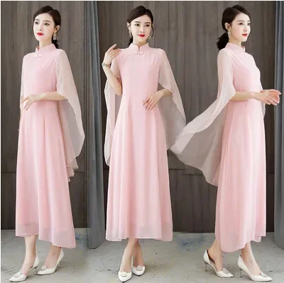 

Chinese style summer female cheongsam dress 2023 new year pink red stand-up collar buckle elegant retro dress women HB806