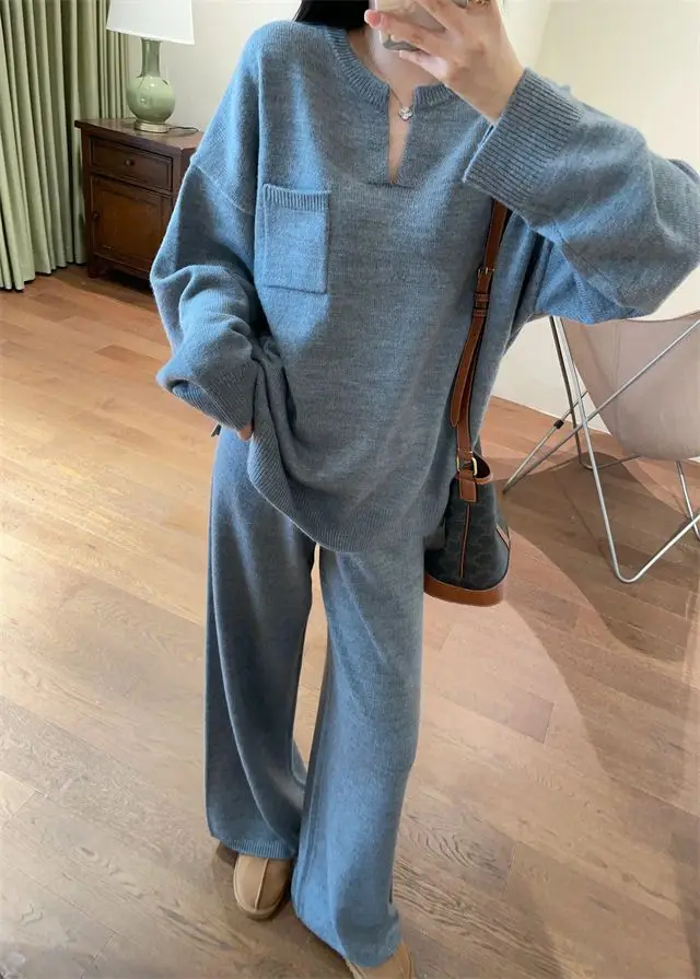Niche Wear Lazy Style Knitted Suit Spring and Autumn V-neck Sweater Wide Leg Pants Women's Two-piece Suit