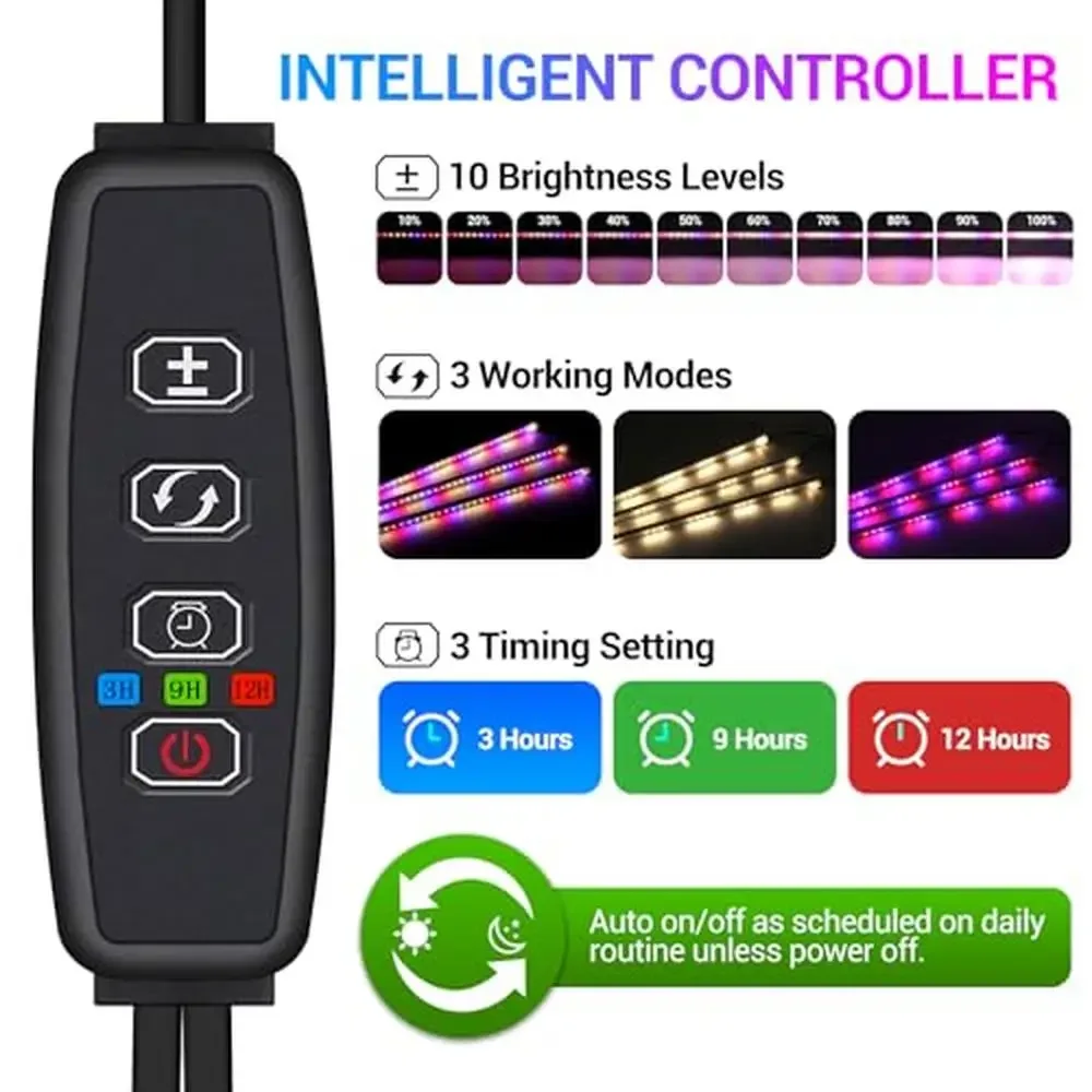 LED Grow Lights Strips 36W Full Spectrum Plant Lights Auto Timer 3/9/12Hrs 10 Dimmable Levels Safe & Reliable High Efficiency