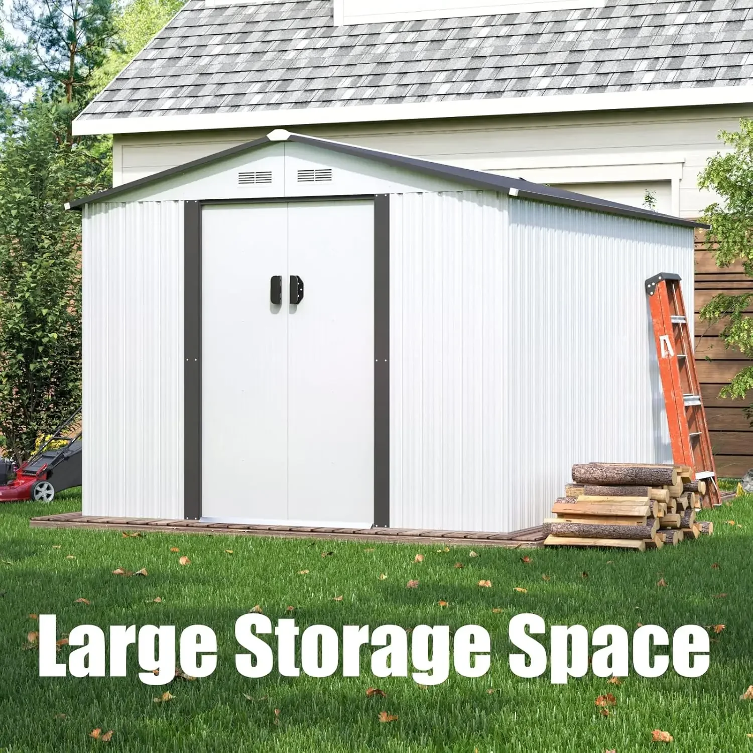 Galvanized Metal Storage Shed for Garden Patio Backyard Lawn Outdoor Garden Shed with 2 Sliding Lockable Doors (White, 8'x8')