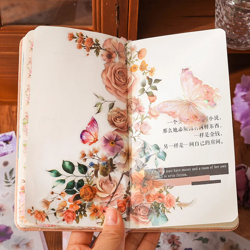 Card Lover 6 Pcs [Memory Frame Scene Series] Salt Based Retro Plants And Flowers Tracing Paper Sticker Material Scrapbook Kit