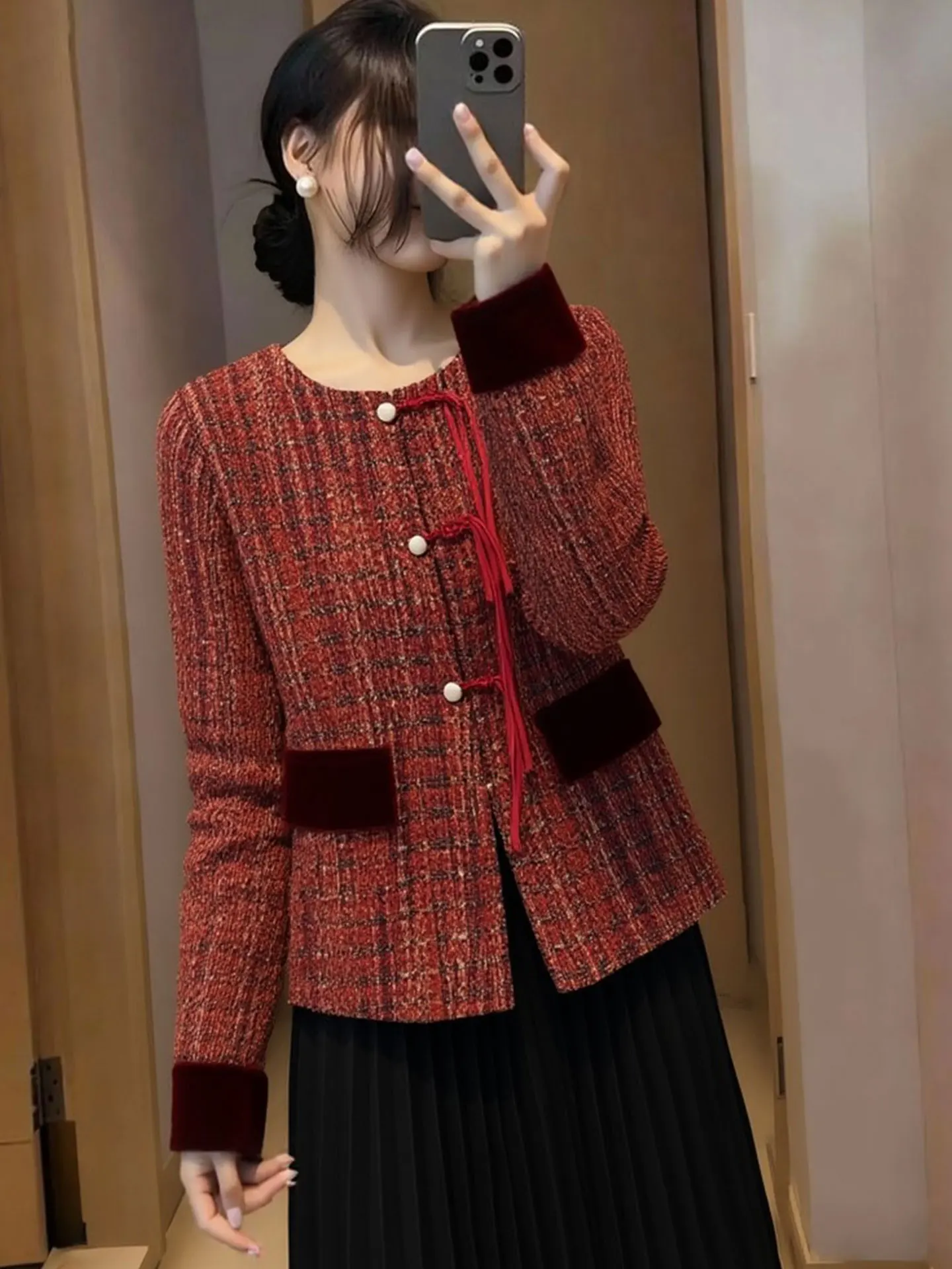 

Красный женский вязаный свитер-кардиган с длинными рукавами и круглым вырезом, модный европейский стиль, для повседневной носки, теплый, весенний