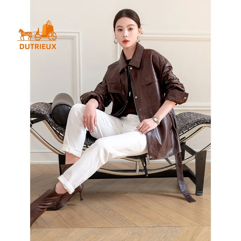 新しい秋の女性用ミッドレングス本革ジャケット、100%本物のシープスキン、スリムフィットカジュアルファッションジャケット、女性に最適