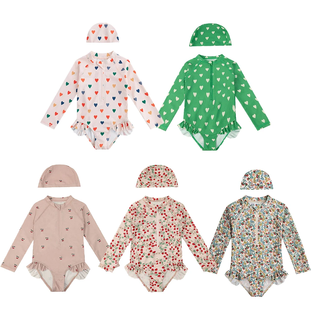 New 2026 Baby Girl Summer Swimwear Bundle Heart Cherry Floral Print Long Sleeve Guard One Piece Swimsuit Matching Swim Cap Cute~