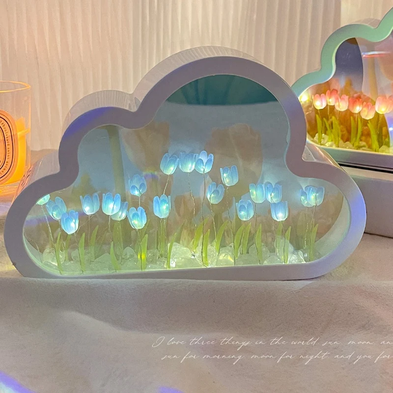 Luz de noche LED de tulipán de nube DIY, adornos de dormitorio de niña, marco de fotos, espejo, lámparas de mesa, mesita de noche hechas a mano