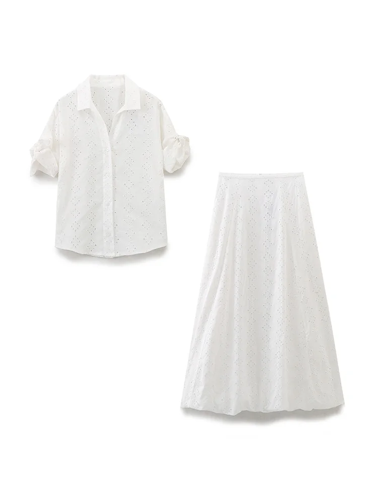 Cutwork Embroidery 2 Piece Sets Women Outfit Summer Tie Bow Short Sleeve Shirt And Midi Skirt Elegant Casual White Co Ord Set